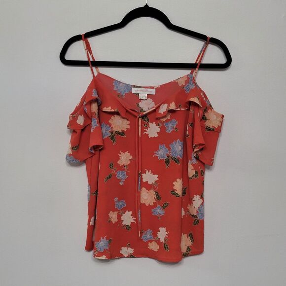 Monteau Coral Floral Cold Shoulder Ruffle Blouse Medium Button Front Top - Picture 1 of 5